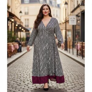 Penningtons Faux Wrap Midi Dress | Black & White Abstract Print | Size 1X